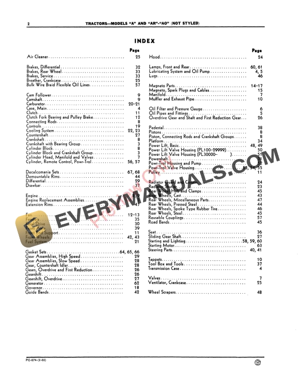 John Deere Models A, AN, ANH, AW, AWH Tractors (S.N. 410000 Parts Catalog PC674 01FEB60-4