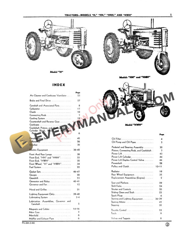 John Deere Models H, HN, HNH, HWH Tractors Parts Catalog PC304 01FEB60-3