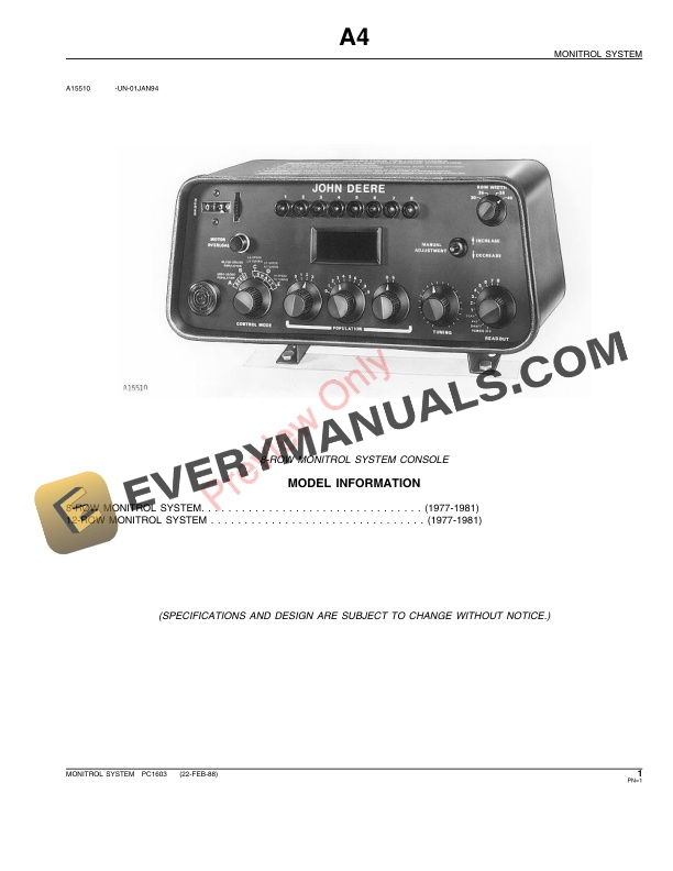 John Deere Monitrol System Console – 8-Row, 12-Row Parts Catalog PC1603 23JUL90-3