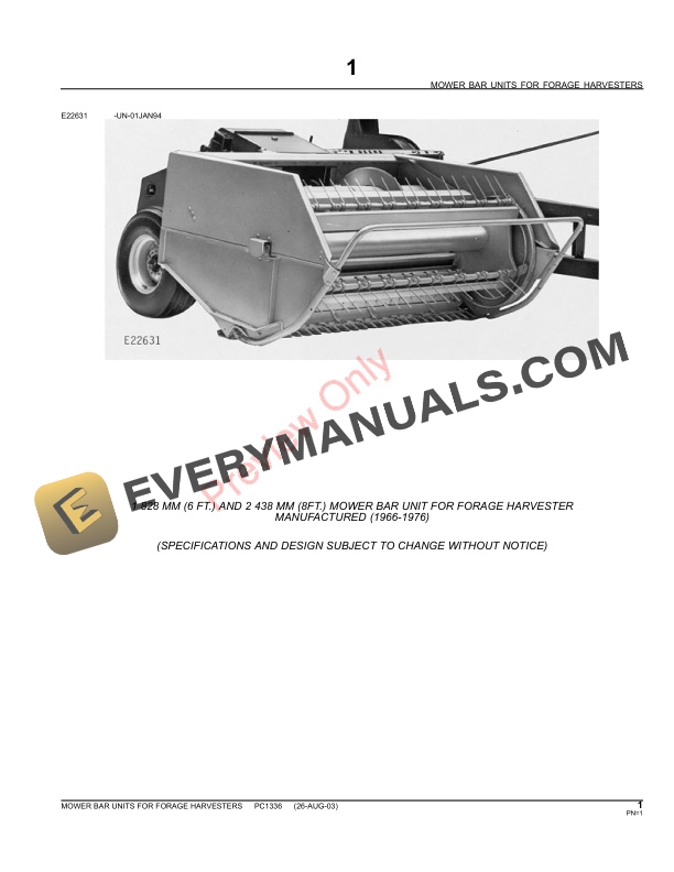 John Deere Mower Bars Units For Forage Harvester – 6 Ft., 8 Ft., 2 Ft. Parts Catalog PC1336 11MAY11-3