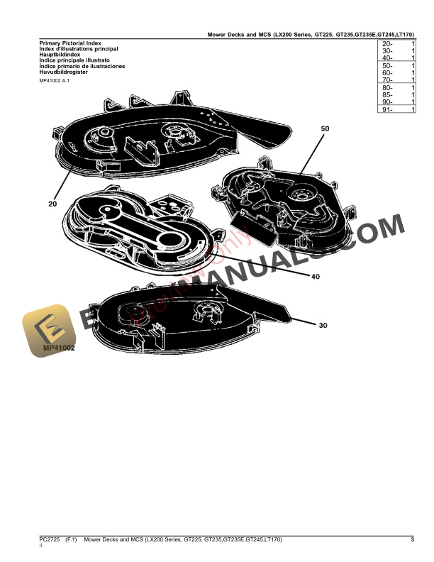 John Deere Mower Decks and MCS (LX255,LX266,LX277,LX279,LX288,GT225,GT235,GT235E,GT245,LT170) Parts Catalog PC2725 26NOV23 4 John Deere Mower Decks and MCS (LX255,LX266,LX277,LX279,LX288,GT225,GT235,GT235E,GT245,LT170) Parts Catalog PC2725 26NOV23-3