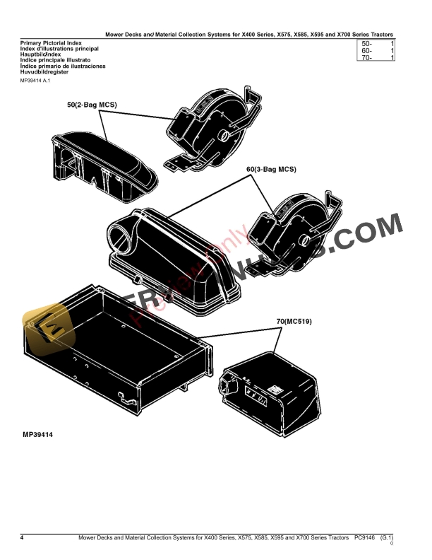 John Deere Mower Decks and Material Collection Systems for X465, X475, X485, X495,X575, X585 Parts Catalog PC9146 21NOV23-4