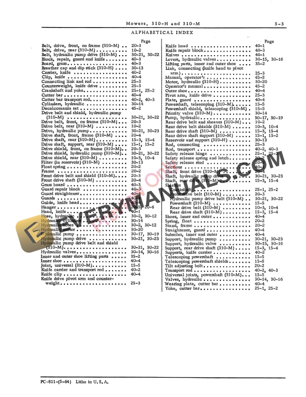 John Deere Mowers – 310-H, 310-M Parts Catalog PC811 01MAY64-5