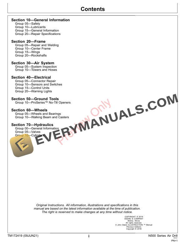 John Deere N500 Series Air Drill Repair Technical Manual TM172419 09JUN21 3