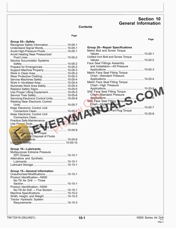 John Deere N500 Series Air Drill Repair Technical Manual TM172419 09JUN21 5