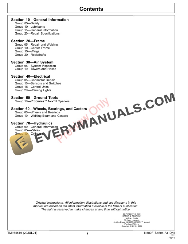 John Deere N500F Series Air Drill Repair Technical Manual TM164519 29JUL21 3