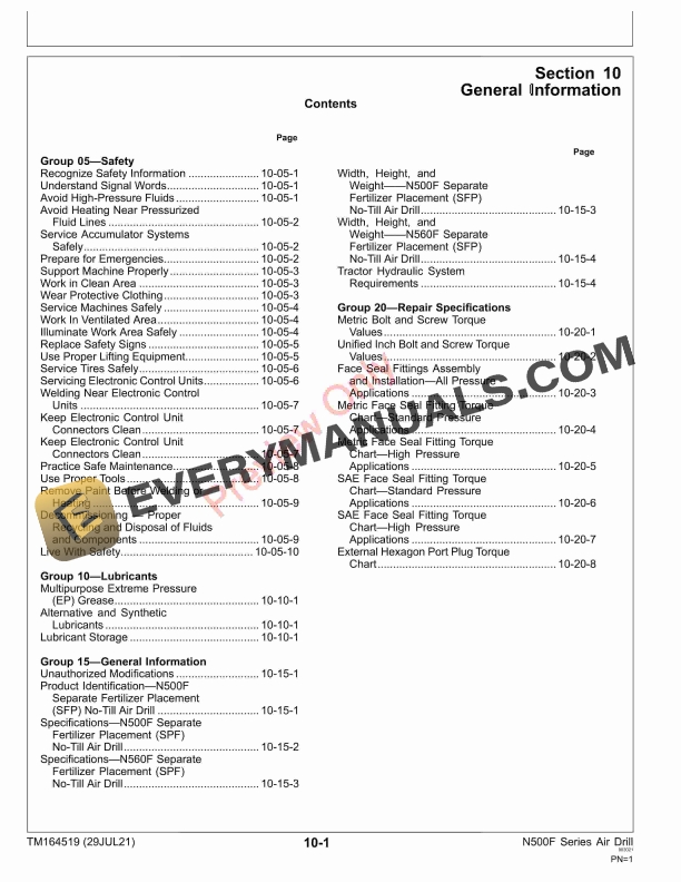 John Deere N500F Series Air Drill Repair Technical Manual TM164519 29JUL21 5