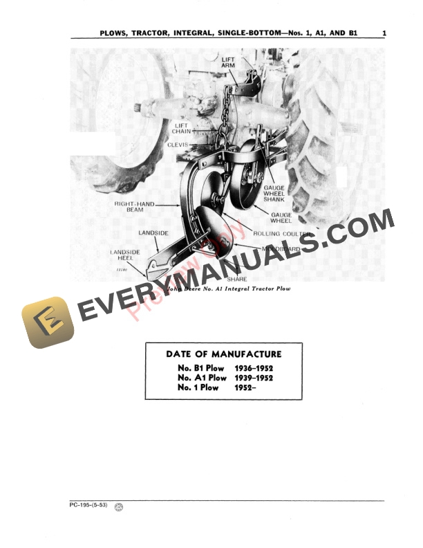 John Deere No. 1, A1 and B1 Single Integral Plows Parts Catalog PC195 01JAN55-3
