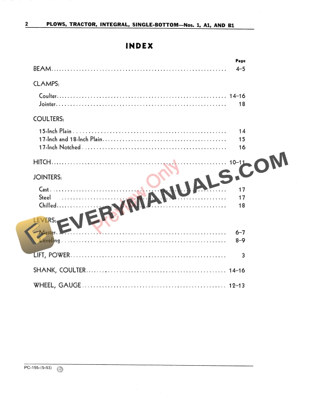 John Deere No. 1, A1 and B1 Single Integral Plows Parts Catalog PC195 01JAN55-4