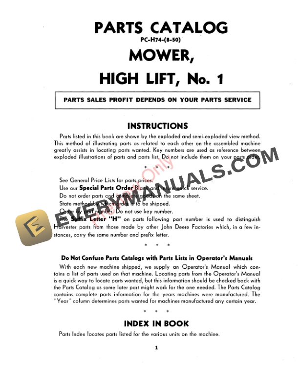 John Deere No. 1 High-Lift Mower Parts Catalog PCH74 01AUG50-3