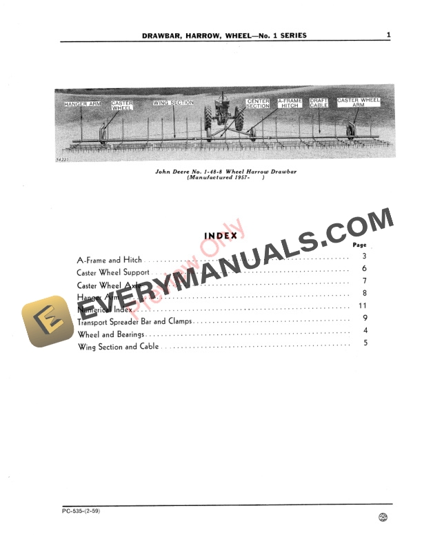 John Deere No. 1 Wheel Harrow Drawbar Parts Catalog PC535 01FEB59-3
