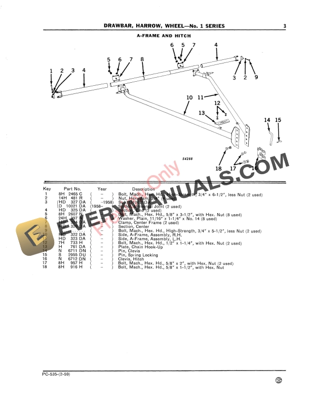 John Deere No. 1 Wheel Harrow Drawbar Parts Catalog PC535 01FEB59-5