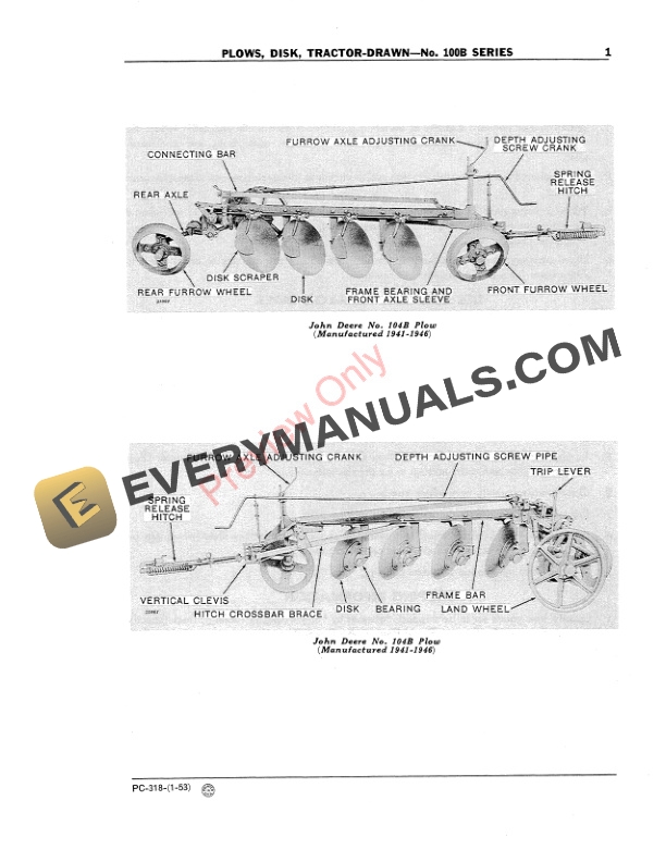 John Deere No. 100B Series Tractor-Drawn Disk Plow Parts Catalog PC318 01JAN53-3