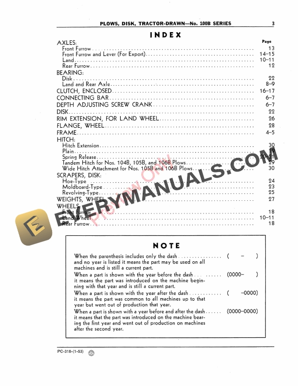 John Deere No. 100B Series Tractor-Drawn Disk Plow Parts Catalog PC318 01JAN53-5