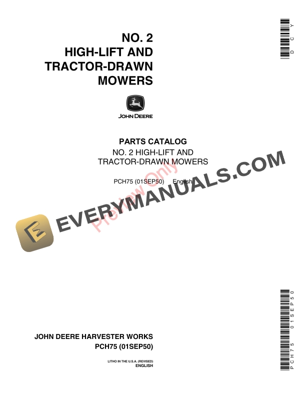 John Deere No. 2 High-Lift and Tractor-Drawn Mowers Parts Catalog PCH75 01SEP50-1
