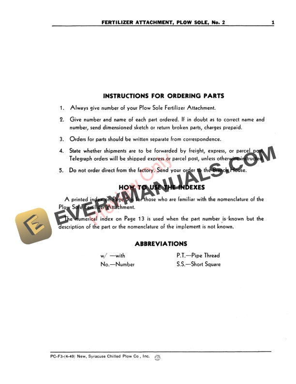 John Deere No. 2 Plow Sole Fertilizer Attachment Parts Catalog PCF3 01APR49-3