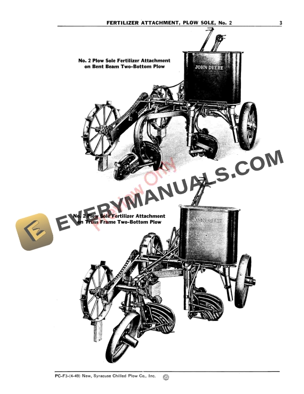 John Deere No. 2 Plow Sole Fertilizer Attachment Parts Catalog PCF3 01APR49-5