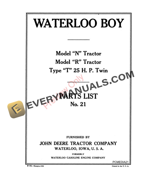 John Deere No. 21 Type ‘T’ Engine Parts Parts Catalog PCMEDIA21 07SEP26-3