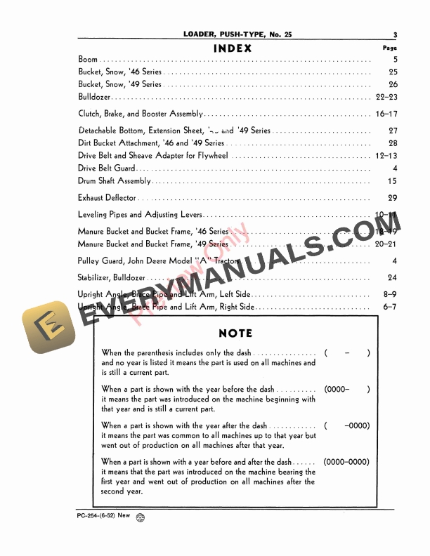 John Deere No. 25 Push-Type Loader Parts Catalog PC254 01JUN52-5