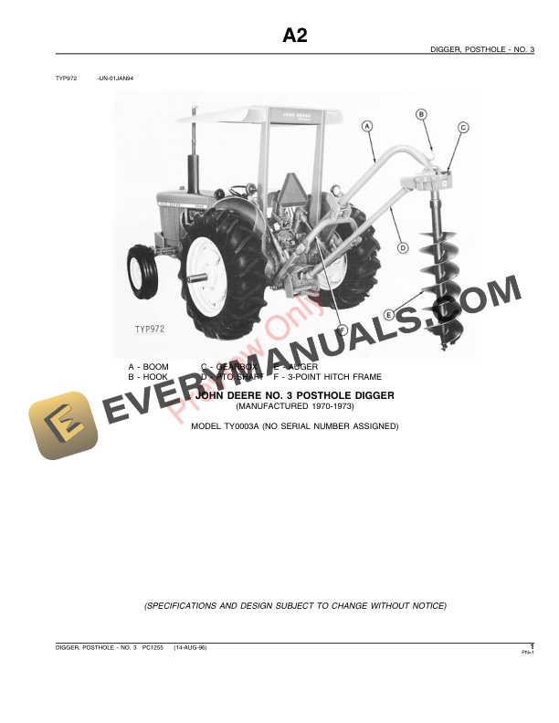 John Deere No. 3 Post Hole Digger Parts Catalog PC1255 14AUG96-3