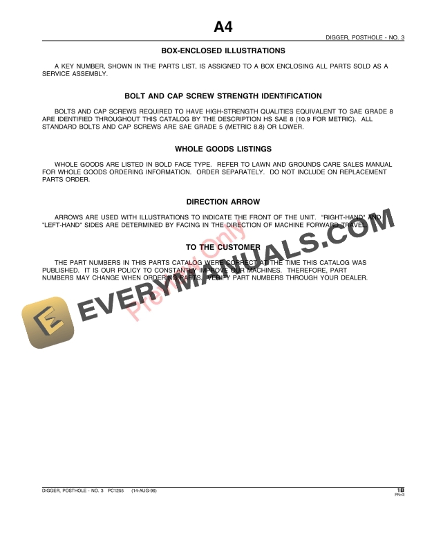 John Deere No. 3 Post Hole Digger Parts Catalog PC1255 14AUG96-5