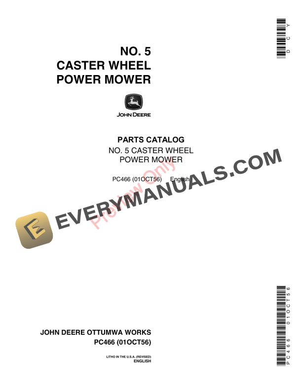 John Deere No. 5 Caster-Wheel Power Mower Parts Catalog PC466 01OCT56-1