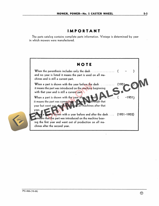 John Deere No. 5 Caster-Wheel Power Mower Parts Catalog PC466 01OCT56-5