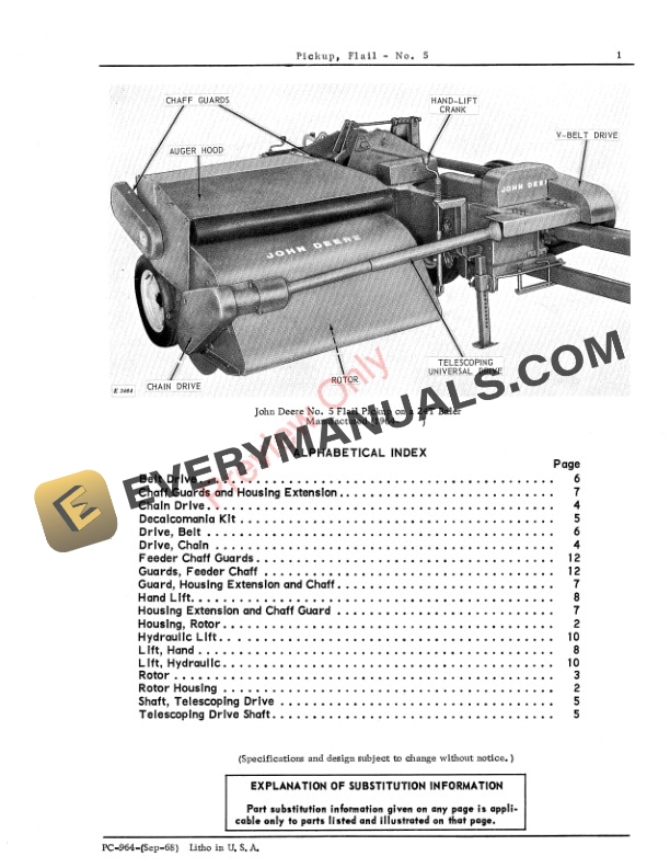 John Deere No. 5 Pickup Flail Parts Catalog PC964 01SEP68-3