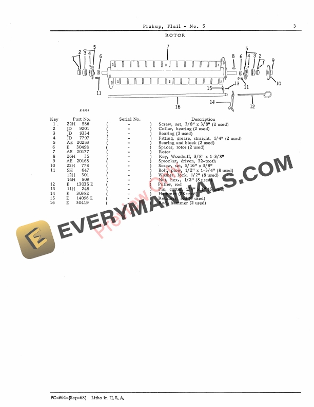 John Deere No. 5 Pickup Flail Parts Catalog PC964 01SEP68-5