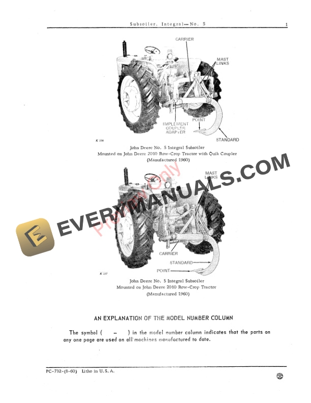 John Deere No. 5 Subsoiler, Integral Parts Catalog PC732 01AUG60-3