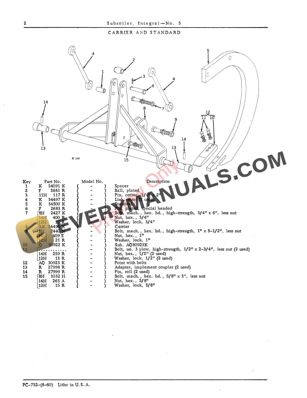 John Deere No. 5 Subsoiler, Integral Parts Catalog PC732 01AUG60-5