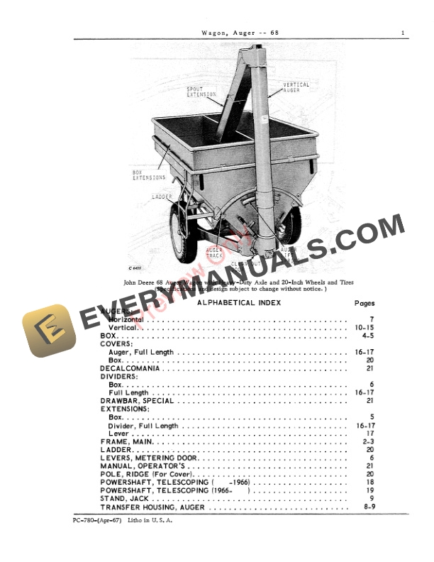 John Deere No. 68 Auger Wagon Parts Catalog PC780 01APR67-3