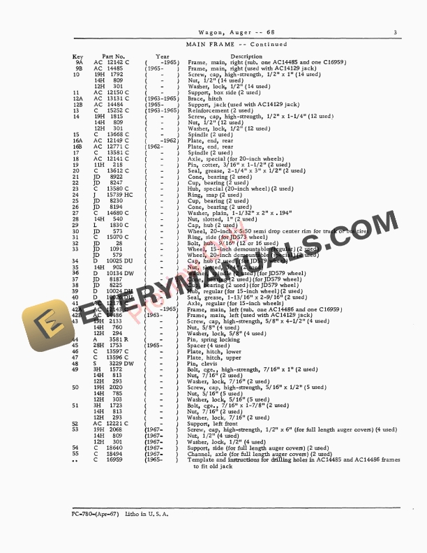 John Deere No. 68 Auger Wagon Parts Catalog PC780 01APR67-5