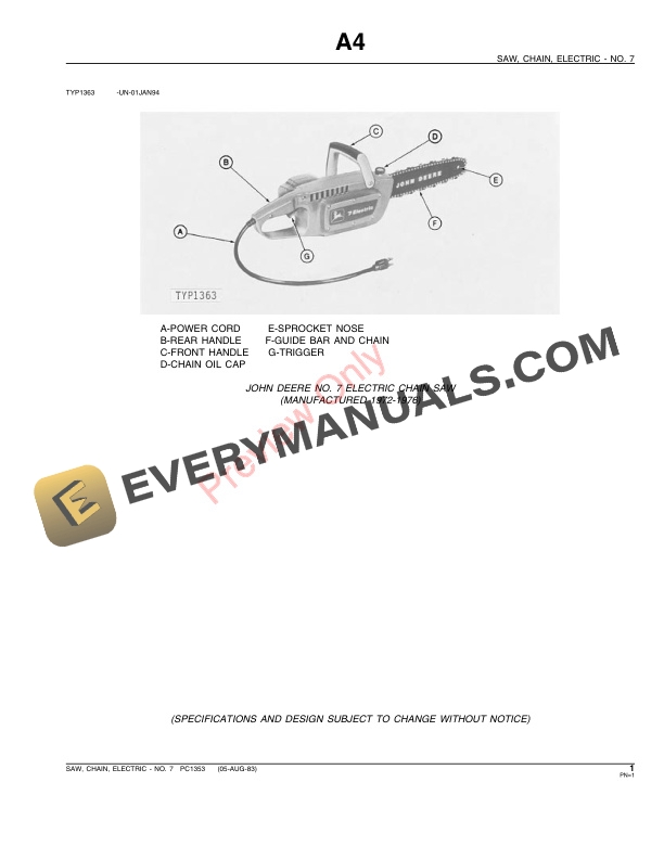 John Deere No. 7 Electric Chain Saw Parts Catalog PC1353 05AUG83-3