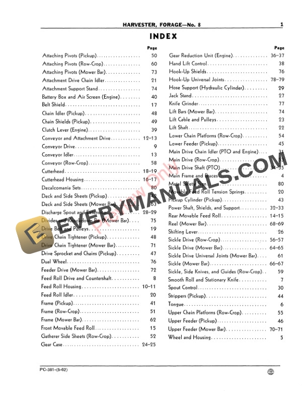 John Deere No. 8 Forage Harvester Parts Catalog PC381 01MAY62 4 John Deere No. 8 Forage Harvester Parts Catalog PC381 01MAY62-3