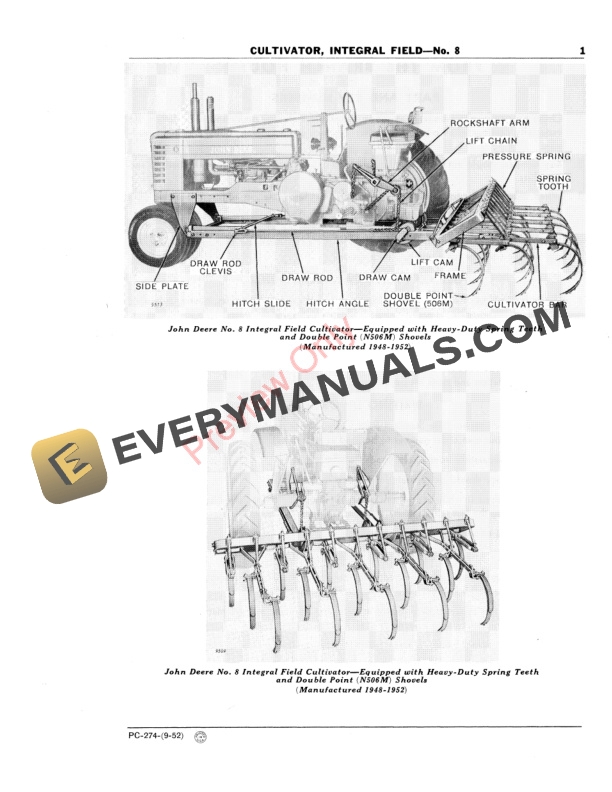 John Deere No. 8 Integral Field Cultivator Parts Catalog PC274 01SEP52-3