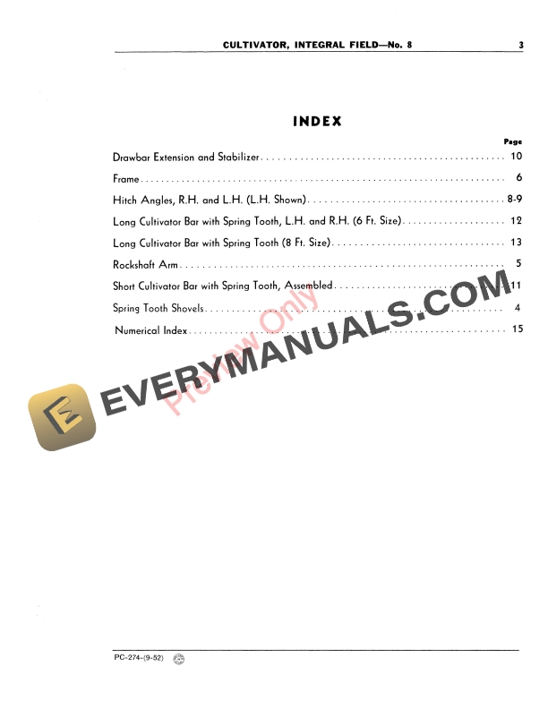 John Deere No. 8 Integral Field Cultivator Parts Catalog PC274 01SEP52-5