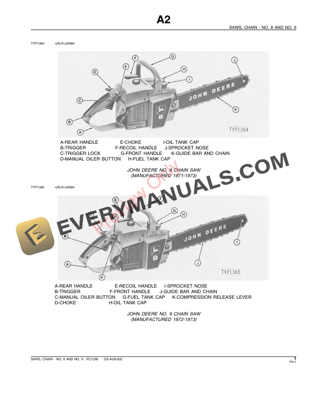 John Deere No. 8, No. 9 Chain Saws Parts Catalog PC1298 05AUG83-3