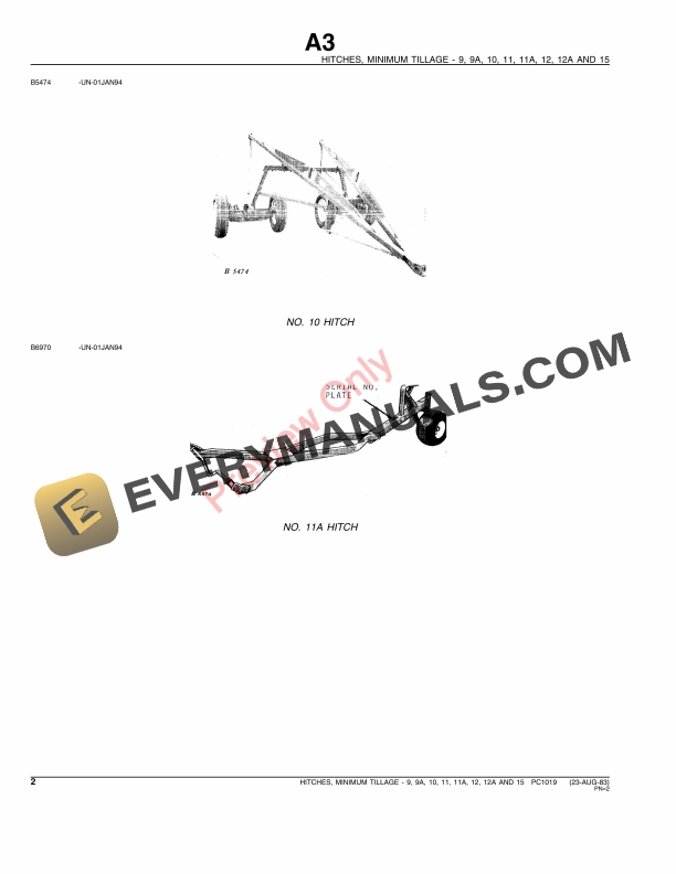 John Deere No. 9 No. 9A 10 11 11A 12 12A 15 Minimum Tillage Hitches Parts Catalog PC1019 08MAY85 4