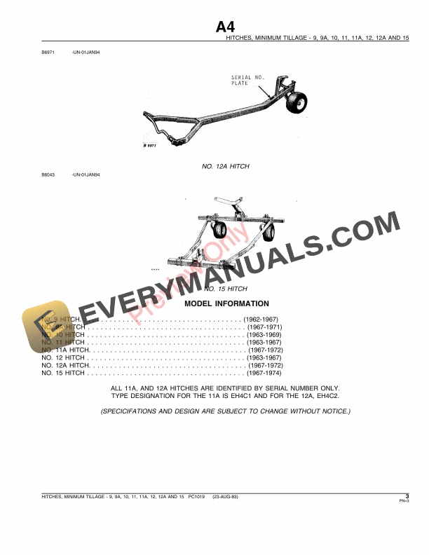 John Deere No. 9 No. 9A 10 11 11A 12 12A 15 Minimum Tillage Hitches Parts Catalog PC1019 08MAY85 5