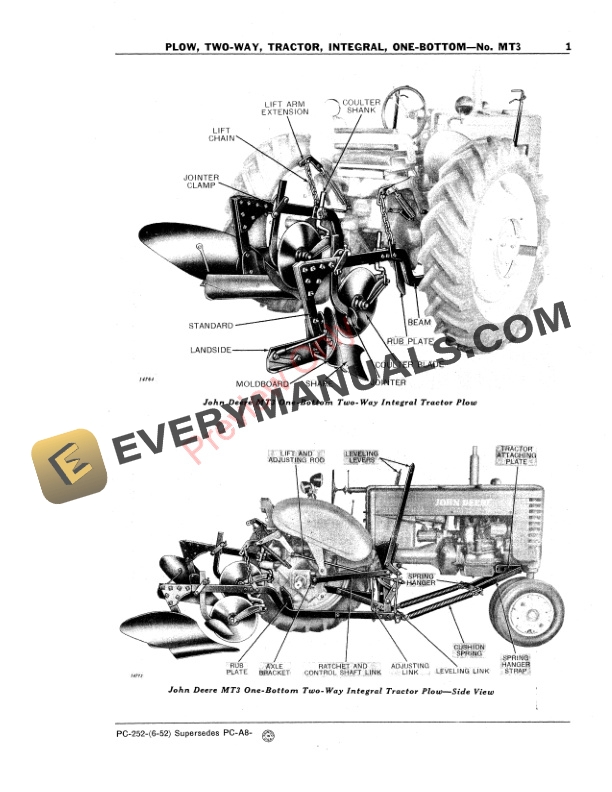 John Deere No. MT3 Two-Way Integral Tractor Plow – One Bottom Parts Catalog PC252 01JUN52-3