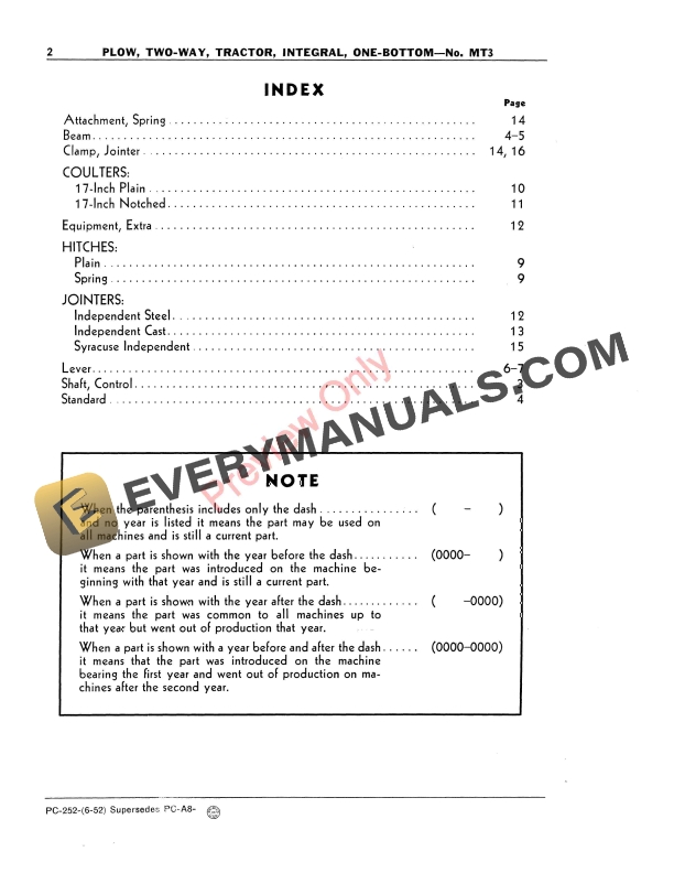 John Deere No. MT3 Two-Way Integral Tractor Plow – One Bottom Parts Catalog PC252 01JUN52-4