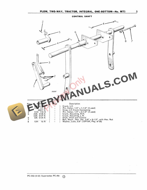 John Deere No. MT3 Two-Way Integral Tractor Plow – One Bottom Parts Catalog PC252 01JUN52-5