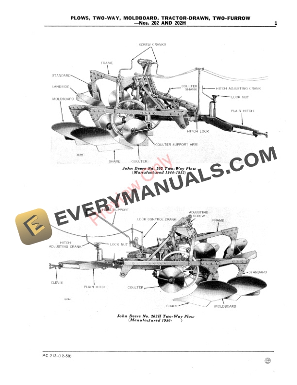 John Deere Nos. 202, 202H Two-Furrow Tractor Parts Catalog PC213 01DEC58 4 John Deere Nos. 202, 202H Two-Furrow Tractor Parts Catalog PC213 01DEC58-3