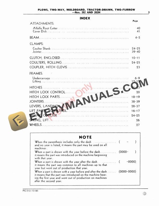 John Deere Nos. 202, 202H Two-Furrow Tractor Parts Catalog PC213 01DEC58 6 John Deere Nos. 202, 202H Two-Furrow Tractor Parts Catalog PC213 01DEC58-5