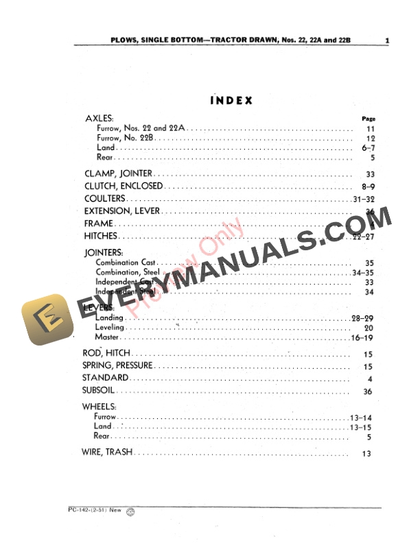 John Deere Nos. 22, 22A, 22B Single Bottom Tractor-Drawn Plows Parts Catalog PC142 01FEB51-3