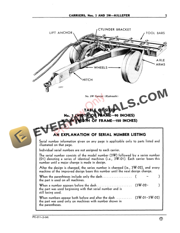 John Deere Nos. 3, 3W Carriers Parts Catalog PC211 01MAR54-3