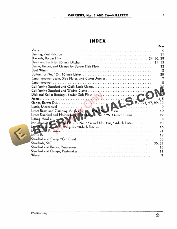 John Deere Nos. 3, 3W Carriers Parts Catalog PC211 01MAR54-5