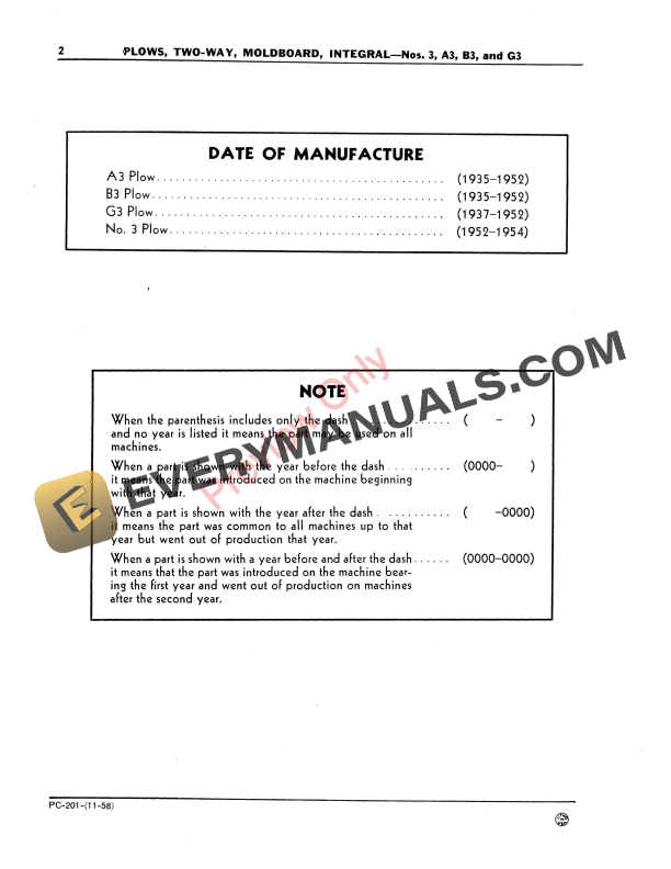John Deere Nos. 3, A3, B3, G3 Integral Moldboard Two-Way Plow Parts Catalog PC201 01NOV58 5 John Deere Nos. 3, A3, B3, G3 Integral Moldboard Two-Way Plow Parts Catalog PC201 01NOV58-4
