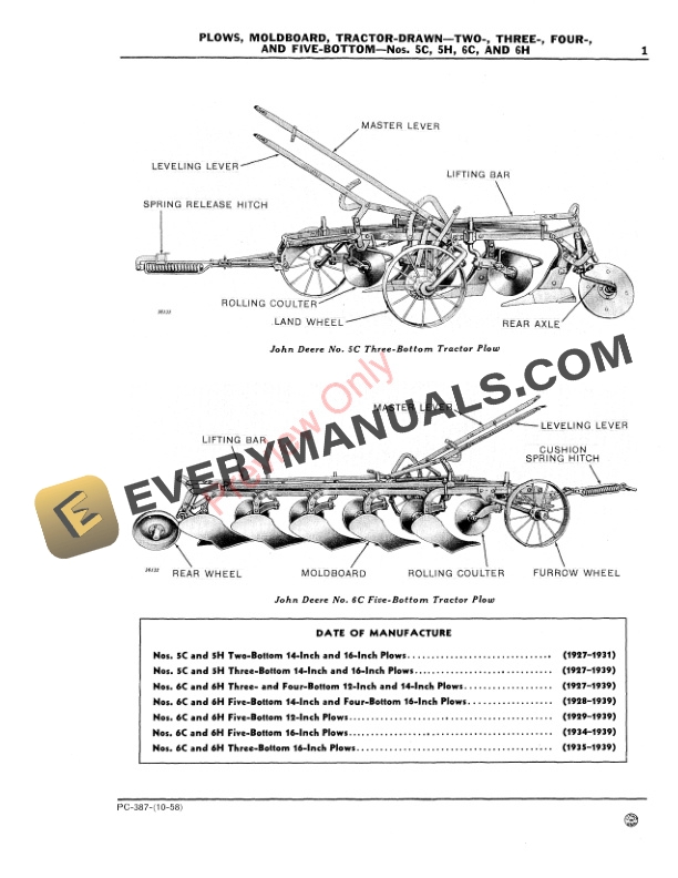 John Deere Nos. 5C, 5H, 6C, 6H Bottom Tractor Drawn Moldboard Plows Parts Catalog PC387 01OCT58 4 John Deere Nos. 5C, 5H, 6C, 6H Bottom Tractor Drawn Moldboard Plows Parts Catalog PC387 01OCT58-3